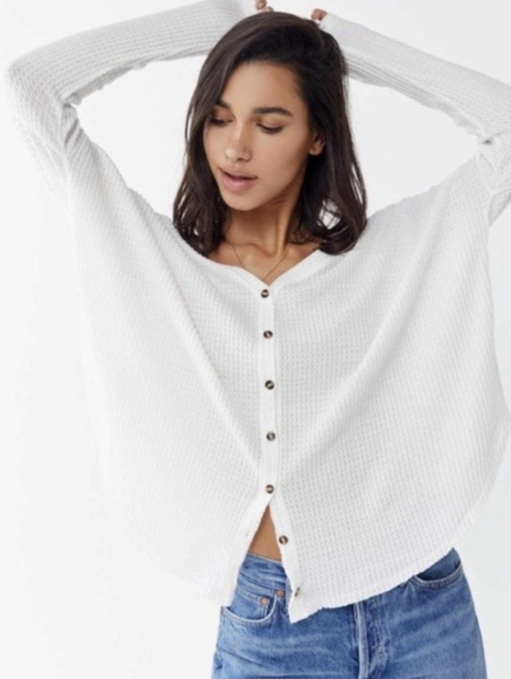 Urban Outfitters White Waffle Knit Button-Up Top